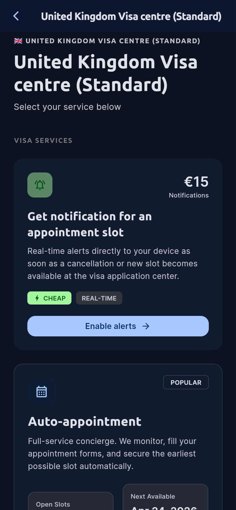 Alay app — visa appointment dashboard